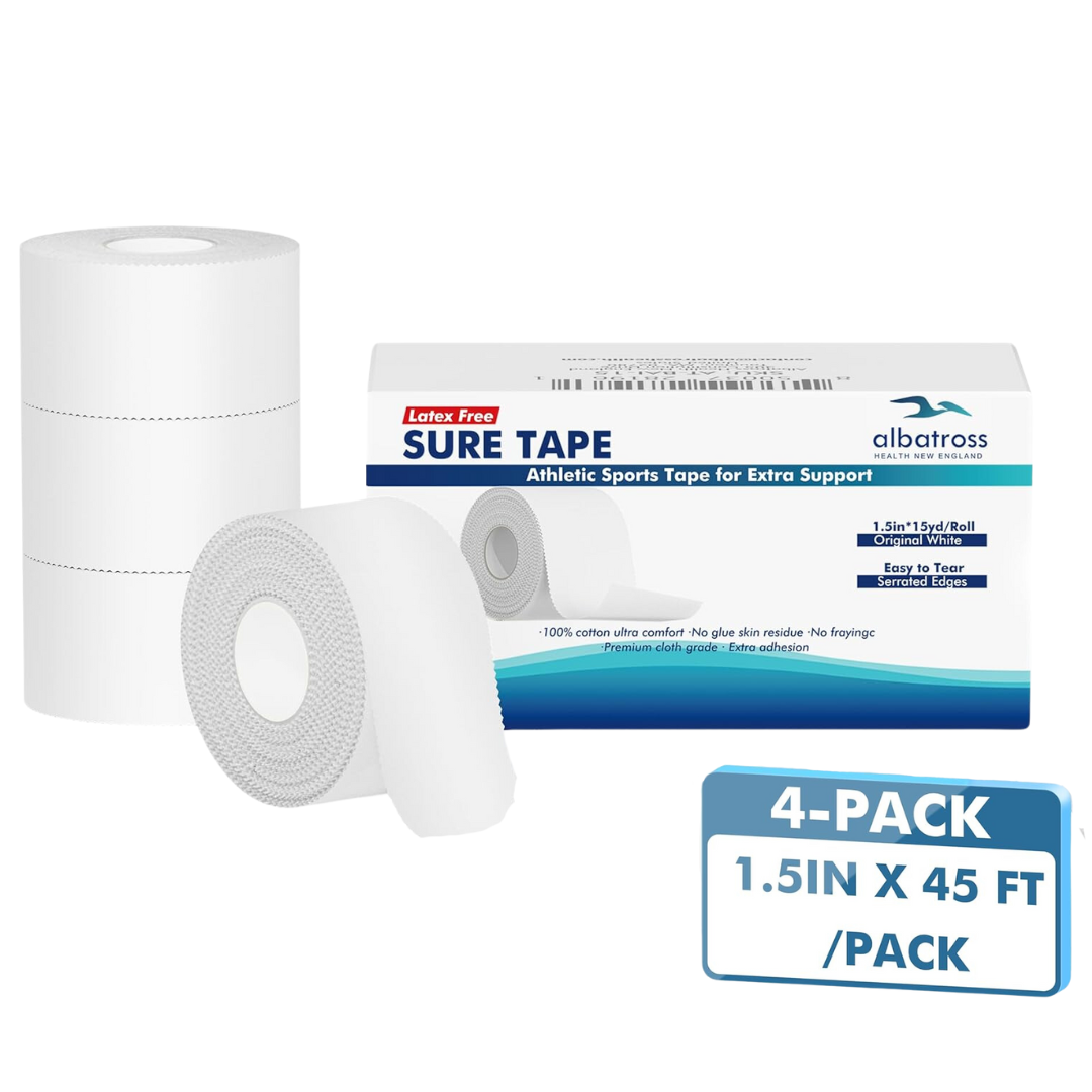 White Athletic Sports Tape 4-Pack, Strong Easy Tear NO Sticky Residue for Gymnastics Boxing Lacrosse Climbing Hockey Bat Injuries