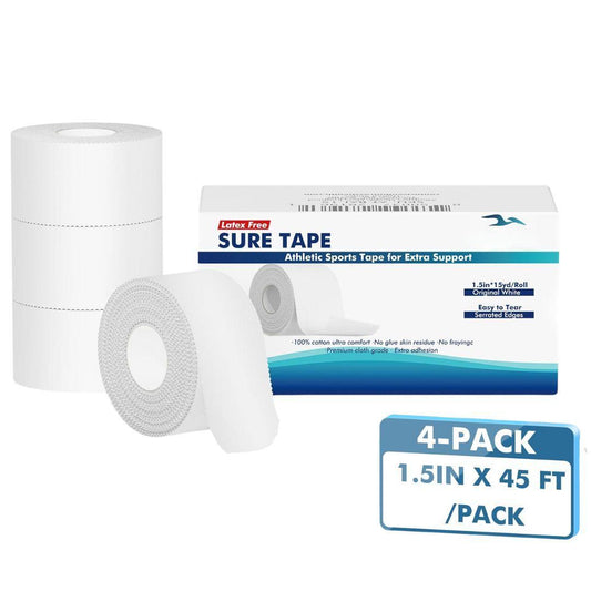 White Athletic Sports Tape 4-Pack, Strong Easy Tear NO Sticky Residue for Gymnastics Boxing Lacrosse Climbing Hockey Bat Injuries